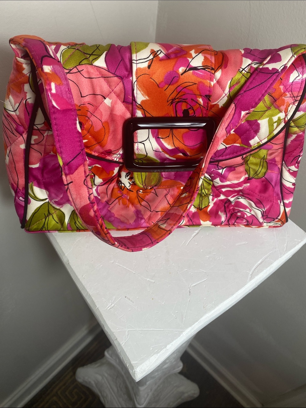 Vera Bradley Floral Pink Quilted Shoulder Bag with Buckle Accent